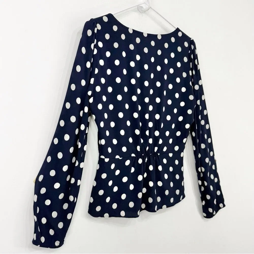 J. Crew Navy Blue White Polka Dot Crepe V Neck Button Front Peplum Blouse